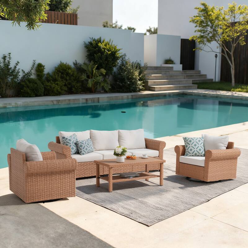 Outdoor 4-Piece Garden Patio Sofa Set, with Swivel Single Chair - Beige