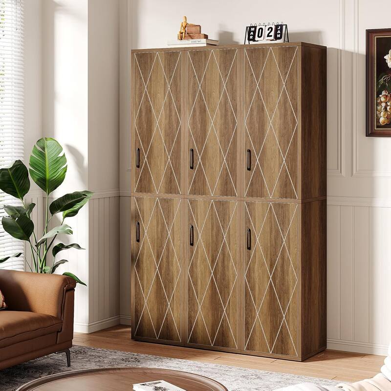 White/ Nature Wood Storage Cabinet with 2 Doors and 6 Shelves