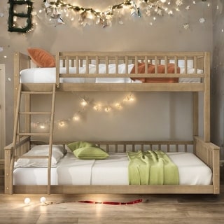 Walnut Wooden Twin XL over Queen Detachable Bunk Bed with Ladder and Guardrails
