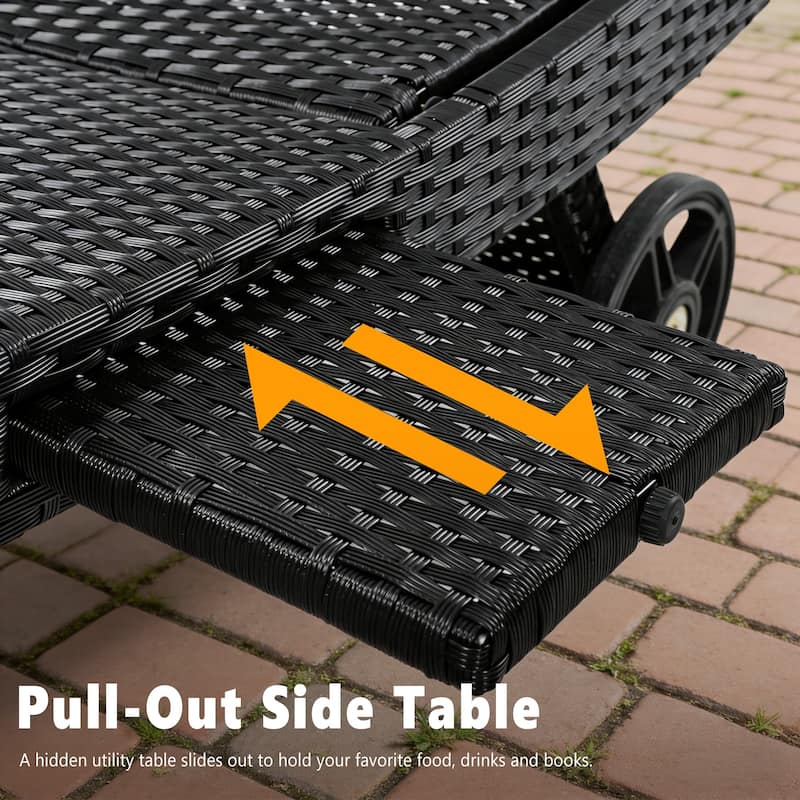 80"Patio Chaise Lounge Chairs Set of 2, Rattan Reclining Chair w/Rolling Wheels & Pull-out Side Table, Adjustable Backrest