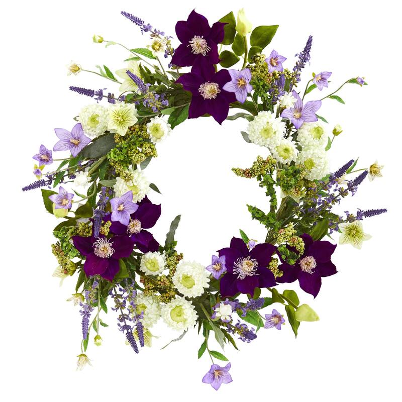 Mixed Flower Artificial Wreath, 22-Inch, Unlit - Purple