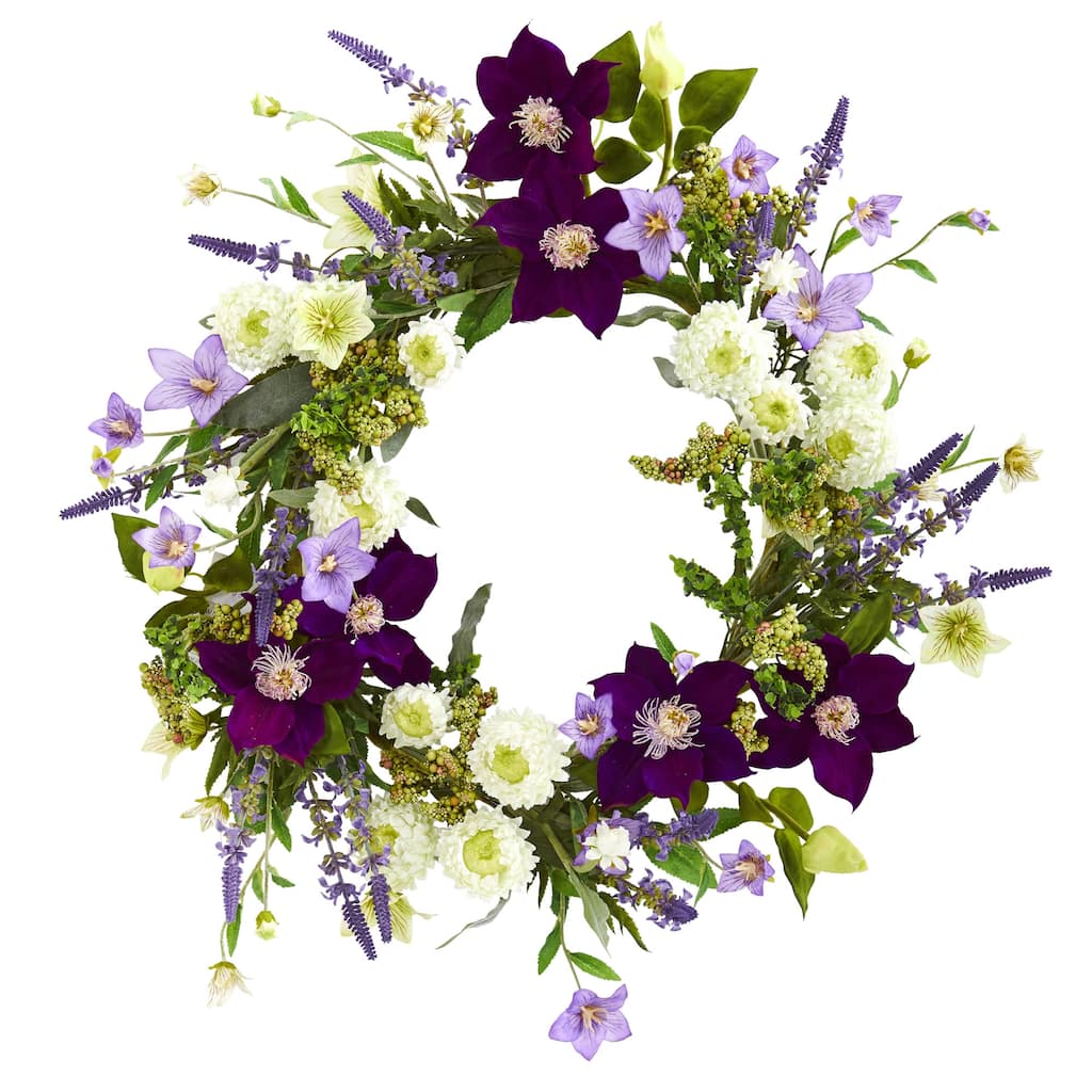 Mixed Flower Artificial Wreath, 22-Inch, Unlit - Purple