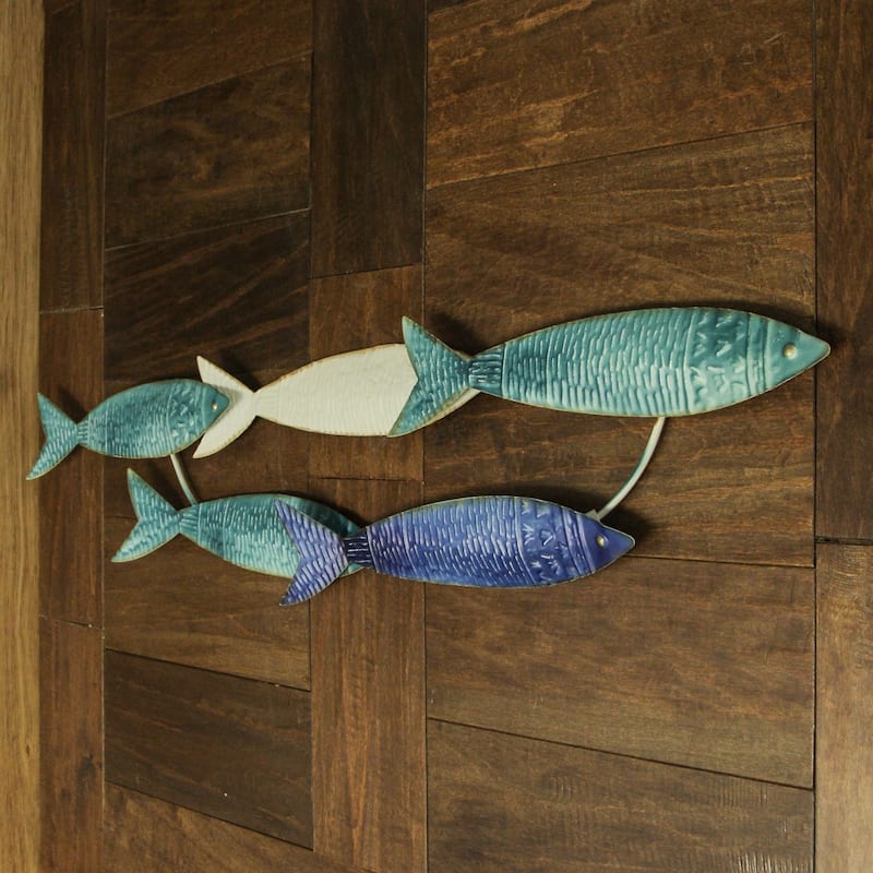 Zeckos 34 Inch Blue Metal School Of Fish Wall Sculpture Nautical Beach