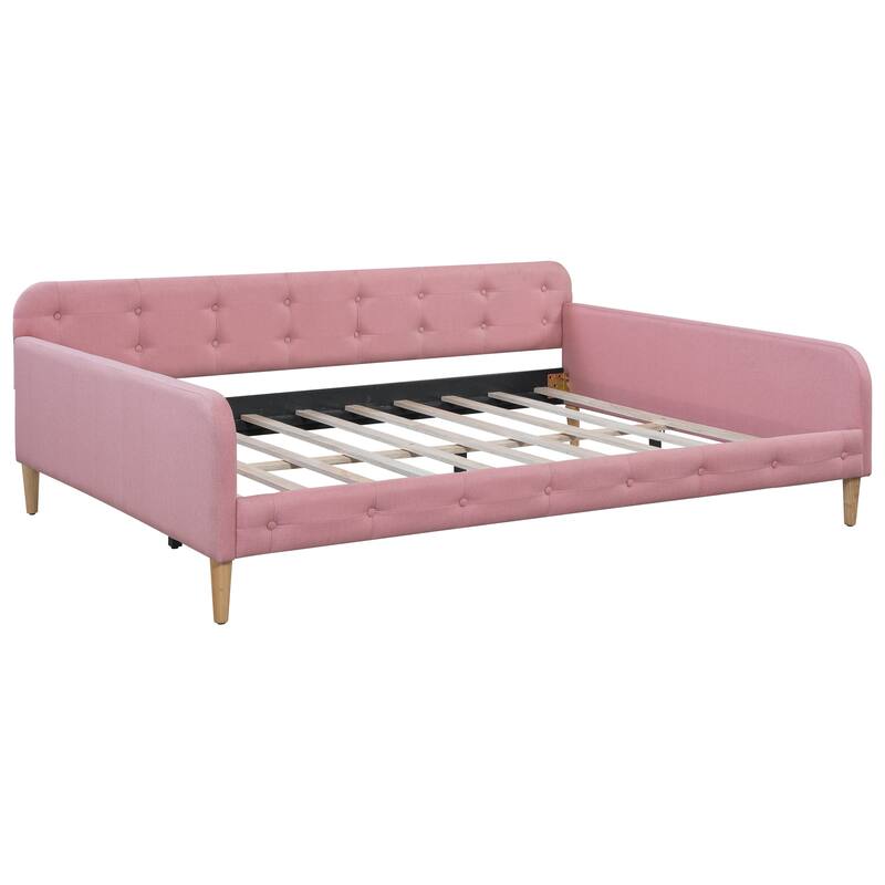 Elegant Style Linen Fabric Daybed, Upholstered Tufted Button Platform Sofa Bed Frame with 4 Solid Pine Wood Legs