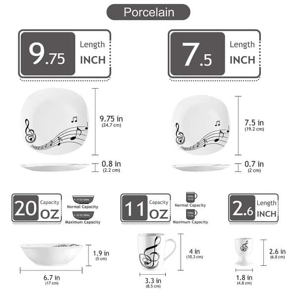 dimension image slide 7 of 9, VEWEET 20-Piece White Porcelain Dinnerware Set (Service for 4)