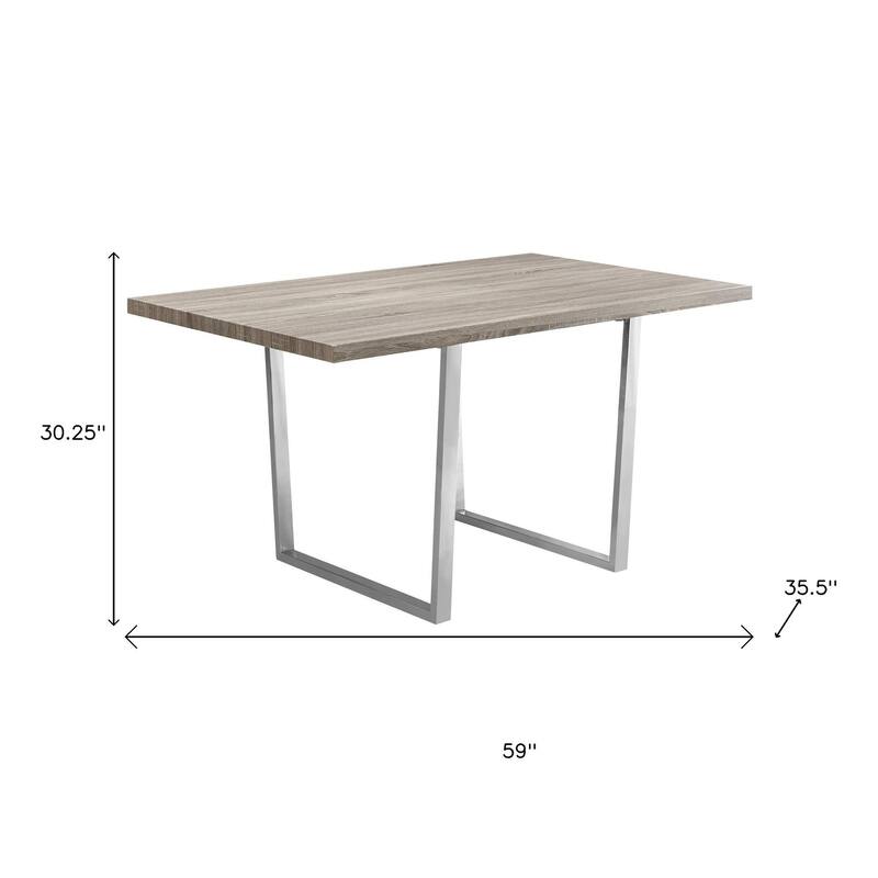 HomeRoots 59" Taupe And Silver Solid Wood And Metal Sled Base Dining Table - 59.00 in. x 30.25 in. x 35.50 in.