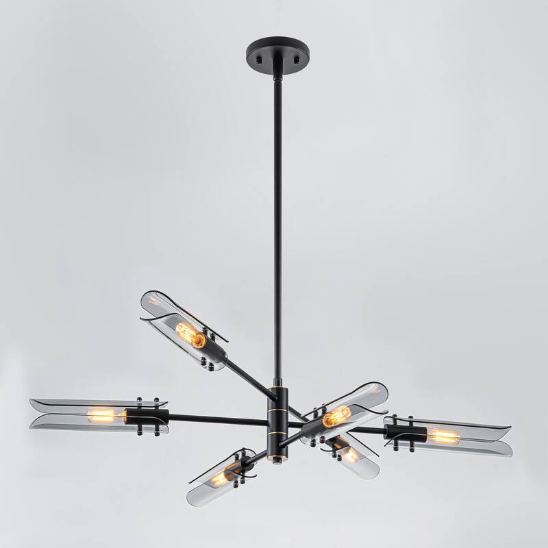 6-Light Modern Branch Chandelier 2-in-1 Curved Smoke Glass Panels - Dia.47.24-in