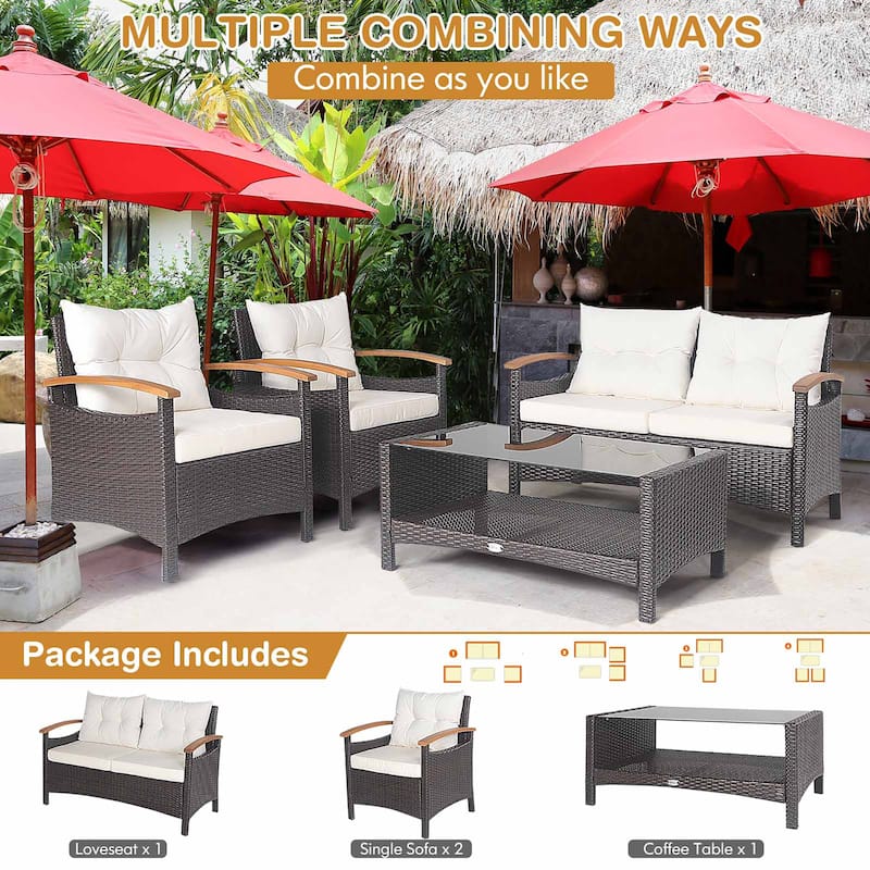 Costway 4PCS Patio Rattan Furniture Set Cushioned Sofa Storage Table