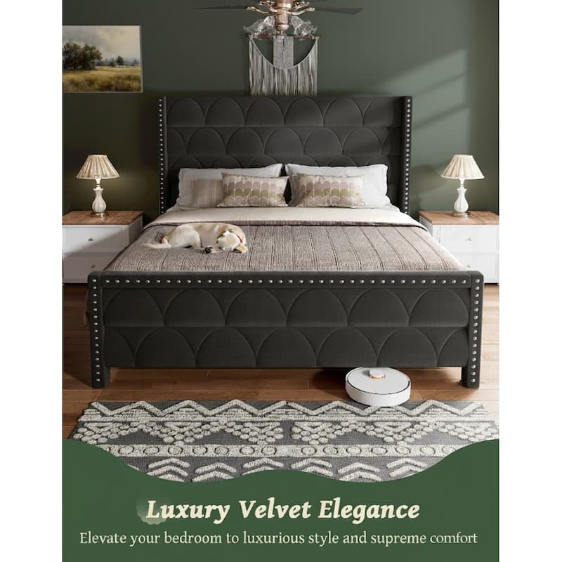 Hansabenne Solid Wood Bed Frame Queen and King Platform Bed Frame with Headboard White and Gray