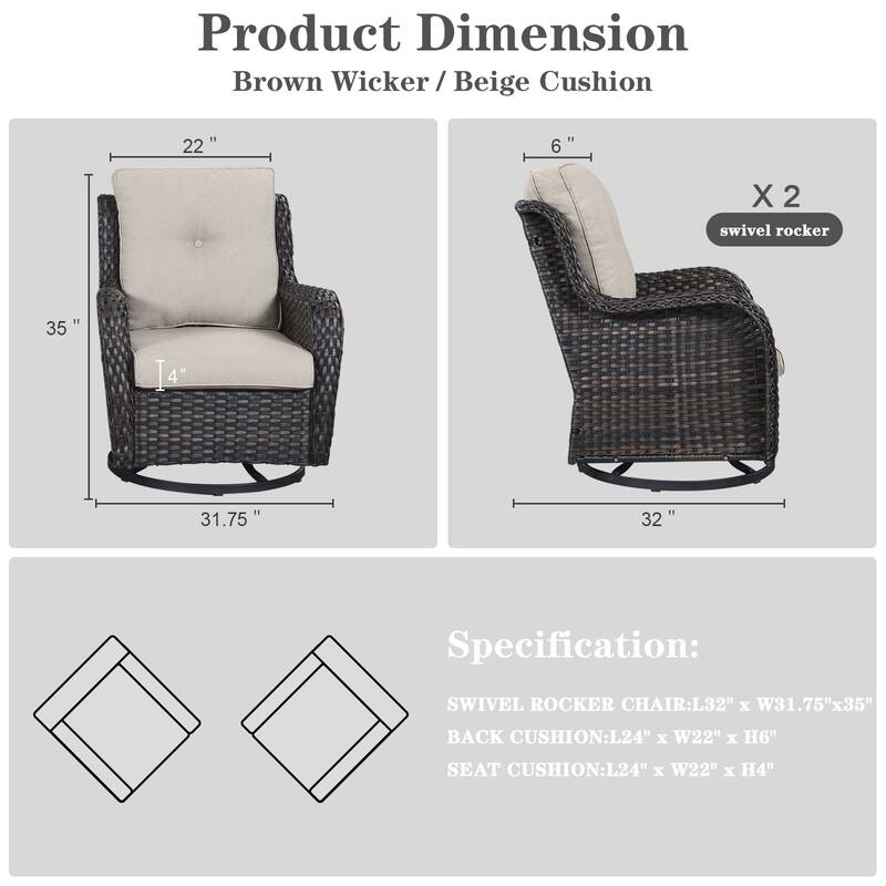 Pocassy 3-Piece Outdoor Swivel Bistro Set, Wicker Rocking Chairs