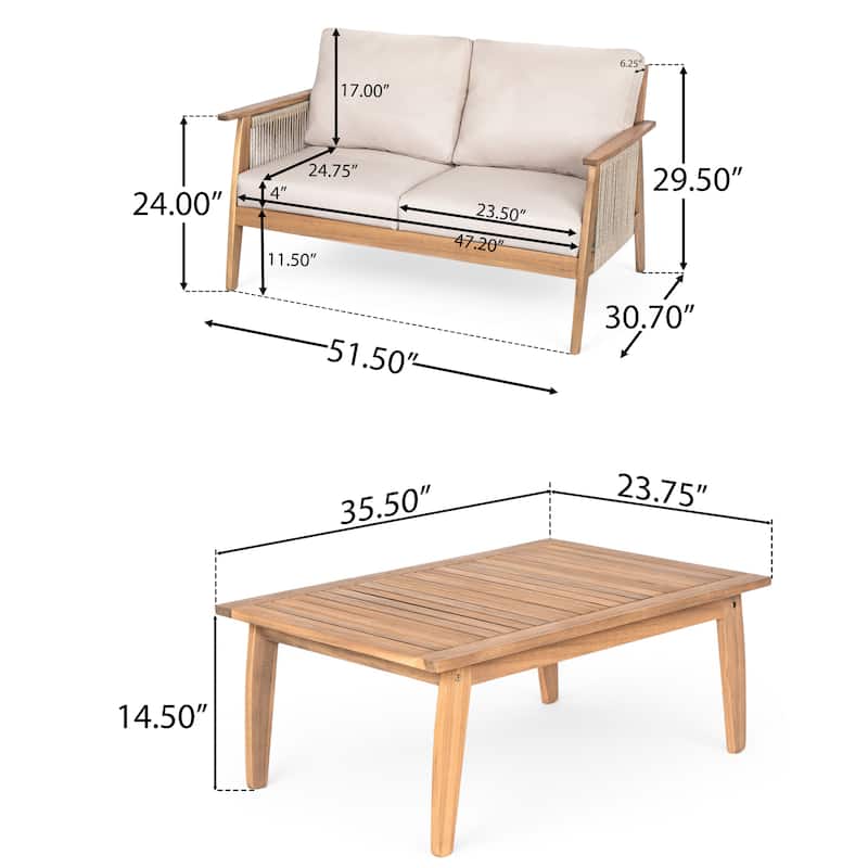 2-Piece Outdoor Patio Acacia Wood Rope Weave Conversation Sofa Set with Coffee Table