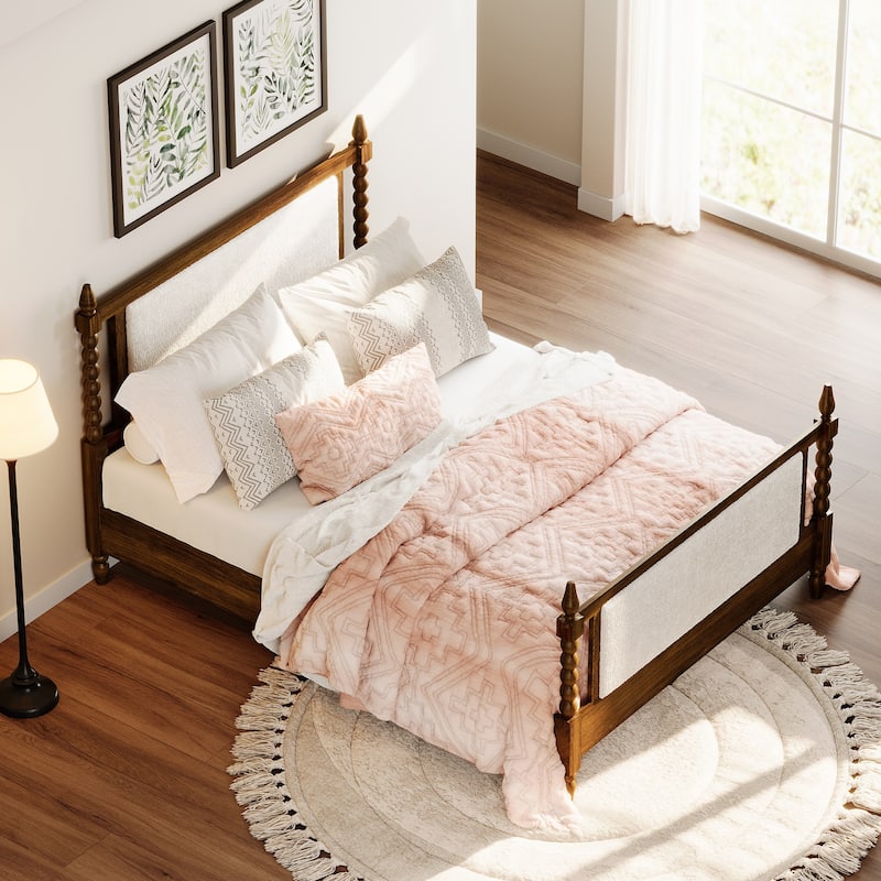WAMPAT Vintage Queen Bed Frame – Solid Wood 4-Poster with Upholstered Headboard, No Box Spring Needed