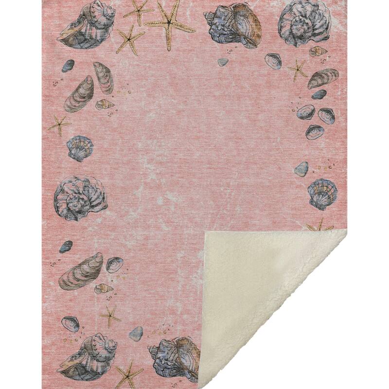 Premium Machine Washable ASB188 Seashell Border Sherpa Throw Blanket