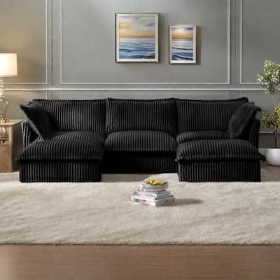 120" Corduroy U-Shape 3-Seater Sectional Sofa with Removable Slipcover, French Edge Design and Cloud-Like Cushions