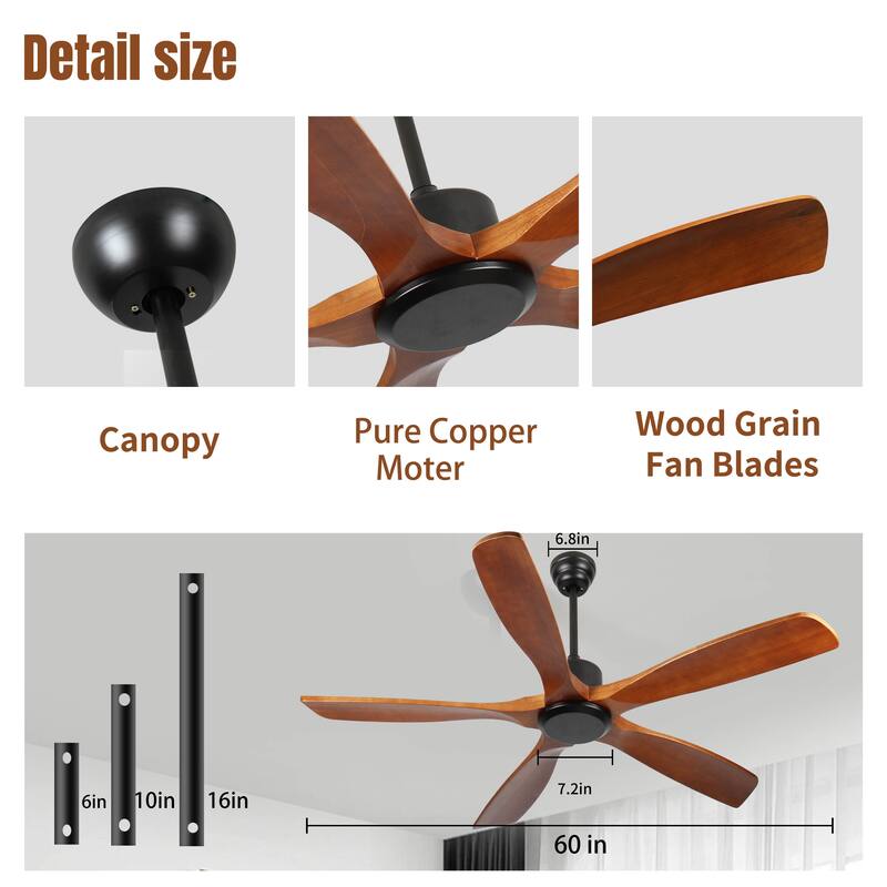60 Inch Wood Ceiling Fan with Remote Control, Low Profile Ceiling Fan without Light,Noiseless Reversible DC Motor with Timer