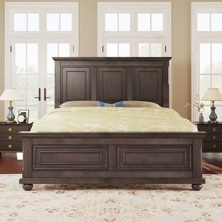 Luxurious Panel Bed Platform Bed with Elevated Headboard and Footboard, Pinewood Bed Frame with Fretwork Accents & Round Legs