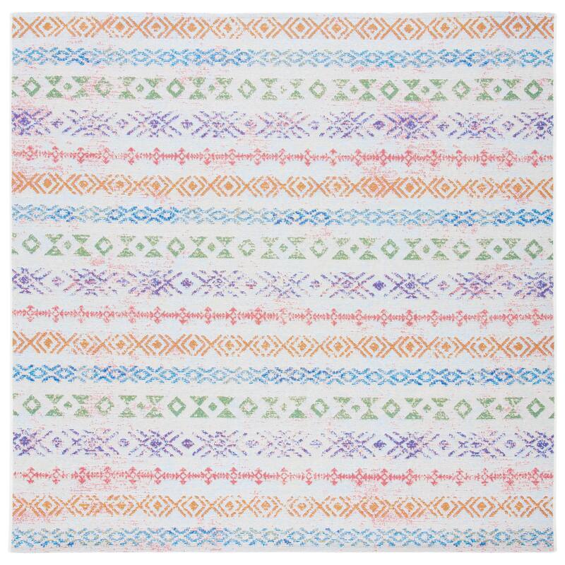 SAFAVIEH Summer Anton Boho Indoor/ Outdoor Waterproof Patio Backyard Rug - 6'7" Square - Ivory/Blue