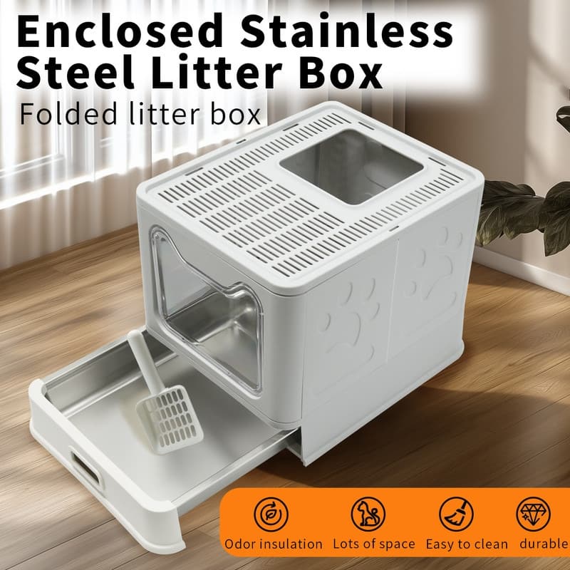 Extra Large Stainless Steel Enclosed Cat Litter Box With Lid Easy Cleaning