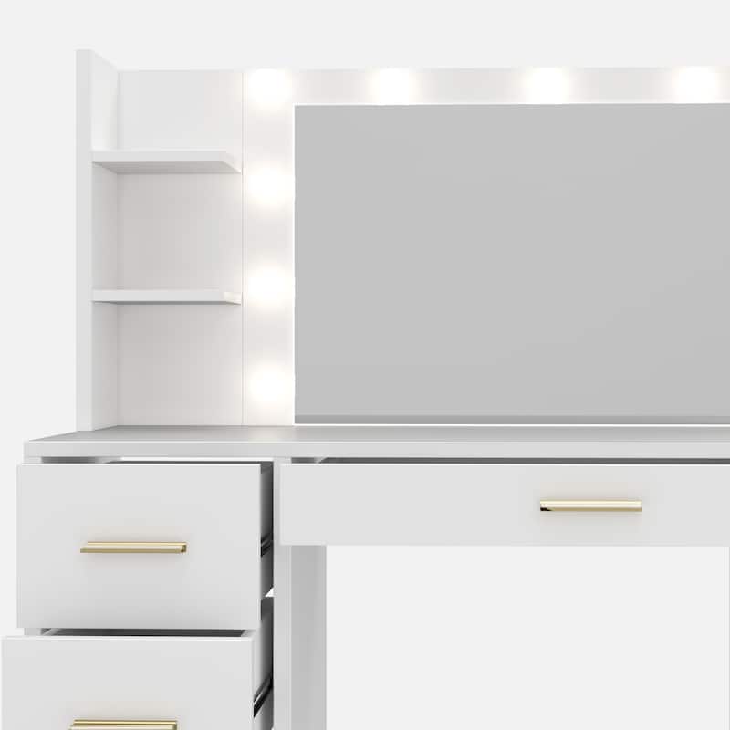 Moasis 40" Makeup Vanity with Mirror and Lighted ,Vanity Table with Power Outlet and 4 Drawers & Storage Shelves