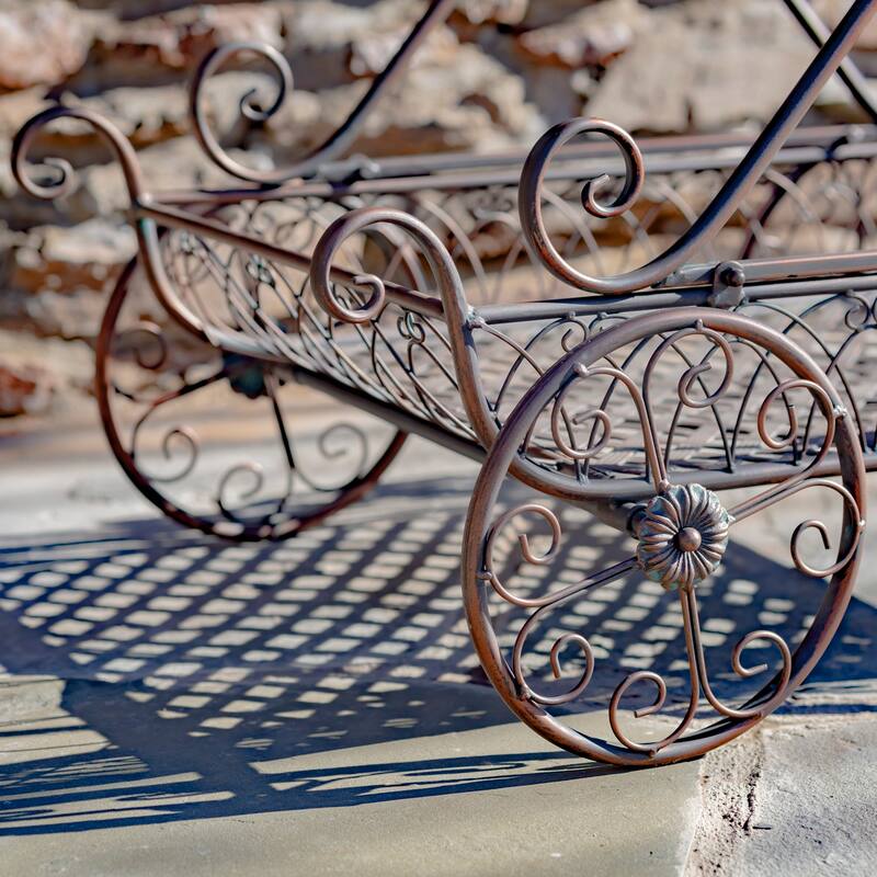 Two Tier Iron Flower Push Cart in Antique Bronze "Odesa 1794" - 21.65x33.85x36.61