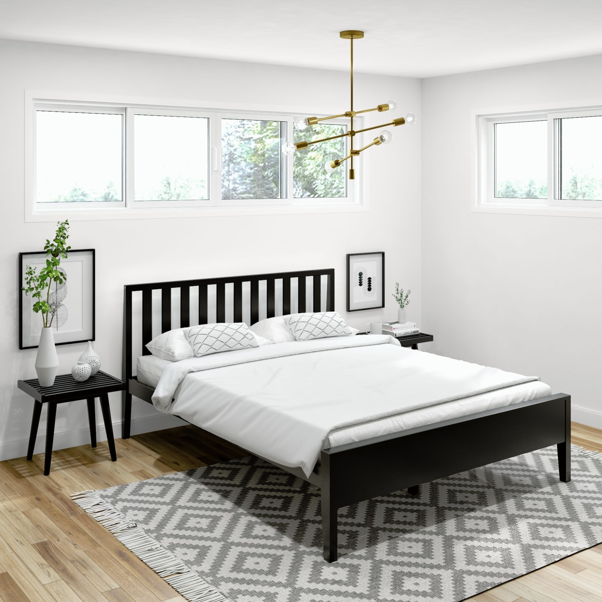 Scandinavian Queen Platform Bed with Slatted Headboard