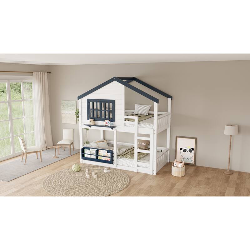 Twin Size Bunk Bed/Loft Bed with Bookshelf, House Design, High-Quality Safety Fencing