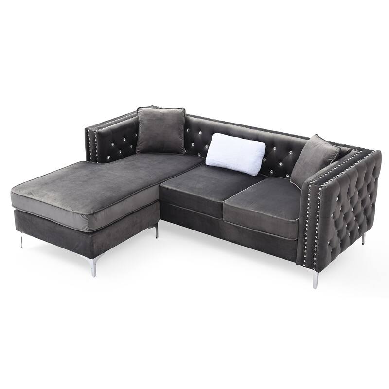Tufted Velvet L-Shape 3-Seater Sofa with Throw Pillows - 87" - Gray
