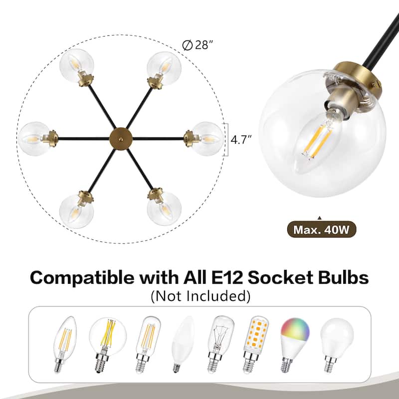 MLiAN 6-Light Sputnik 4.7" Opal Glass Globe Shade Linear Chandelier for Indoor Height Adjustable - N/A