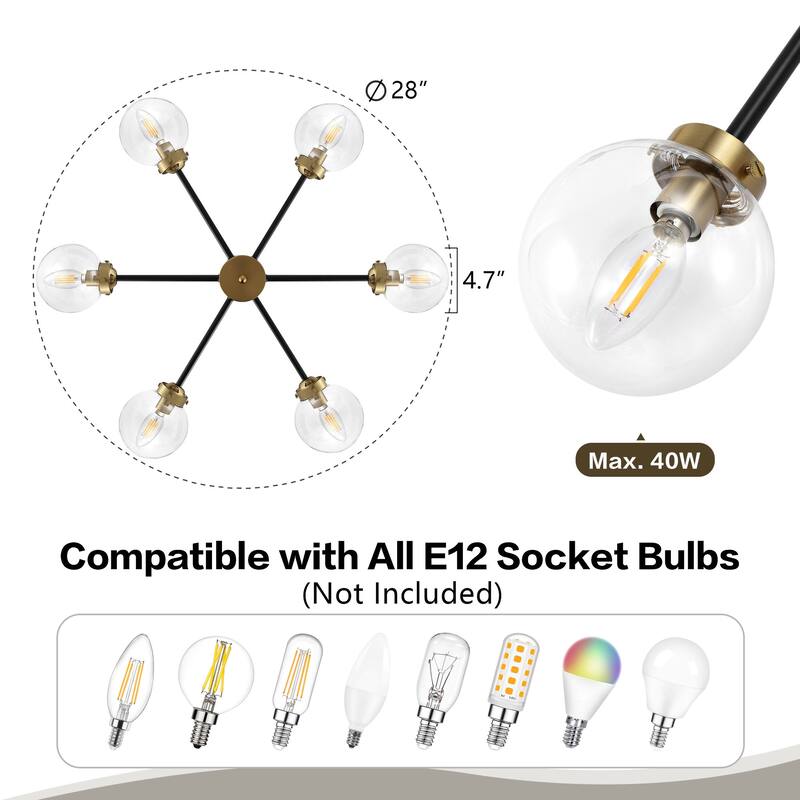 MLiAN 8-Light Sputnik 4.7" Opal Glass Globe Shade Linear Chandelier for Indoor Height Adjustable - N/A