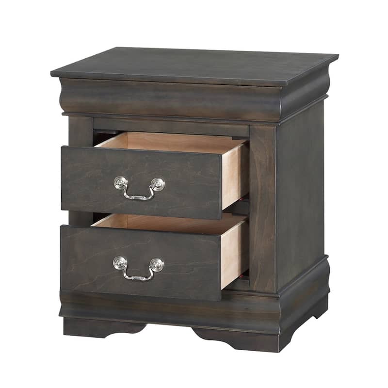 Traditional Style Wooden Nightstand with Two Drawers and Metal Handles, Dark Gray