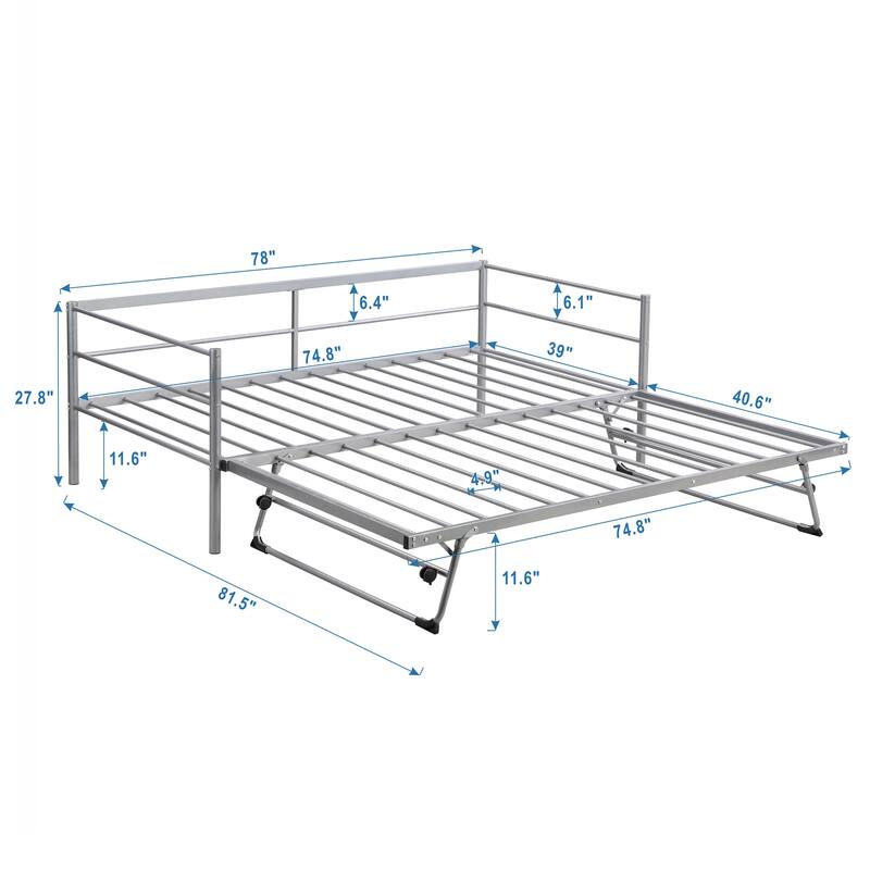 Twin Metal Daybed with Adjustable Pop-Up Trundle, No Box Spring Required