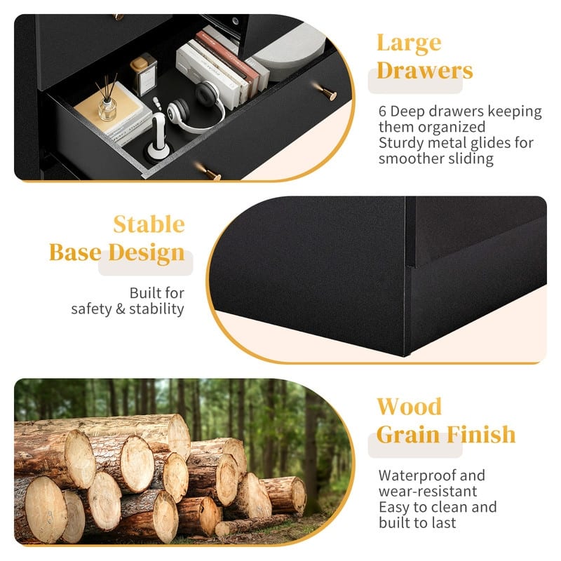 6-Drawer Large Dresser For Bedroom And Chest Of Drawers With Sturdy Construction Wood Storage Organizer For Closet