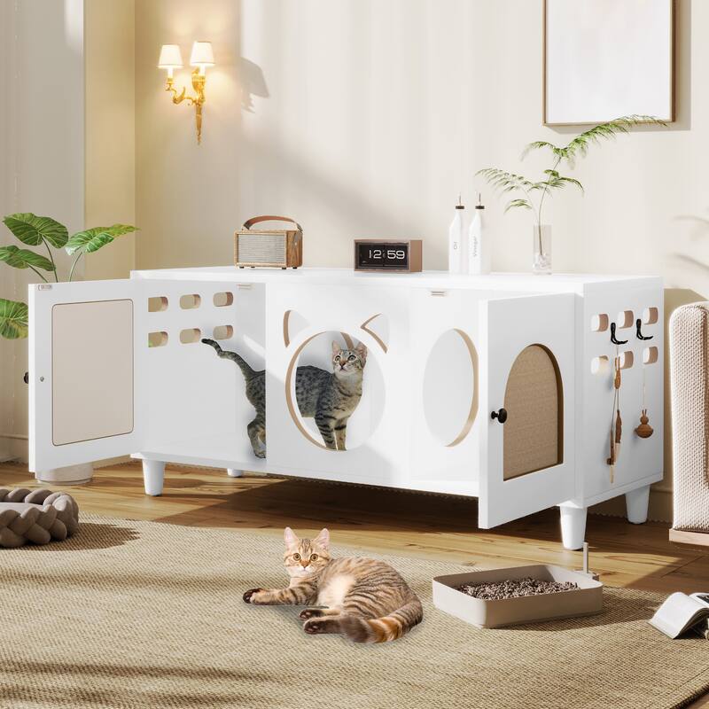 Cat Litter Box Enclosure, Hidden Cat Litter Box Furniture with Scratch Door, Furniture Style Pet House, Modern TV - White