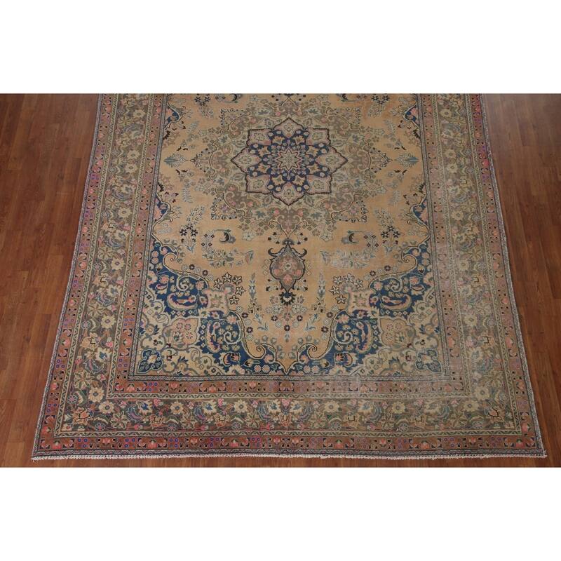 Vintage Distressed Mashad Persian Area Rug Hand-knotted Wool Carpet - 7'11" x 11'1"