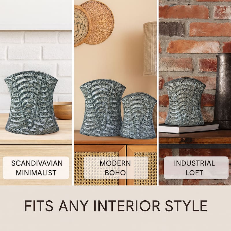 Set of Two Curved Cylinder Ceramic Vases Black and Gray Modern Home XL