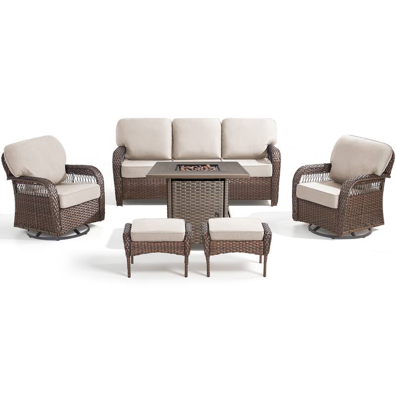 Pocassy Outdoor Sofa Ottoman Swivel Chair Table with Fire Table Funiture Set.