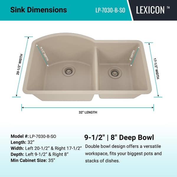 dimension image slide 1 of 2, 32 Inch Lexicon Platinum Quartz Composite Drop-in Undermount Galaxy Beige Kitchen Sink LP-7030-B-SO - 20.5" W x 32" L x 10.25" H