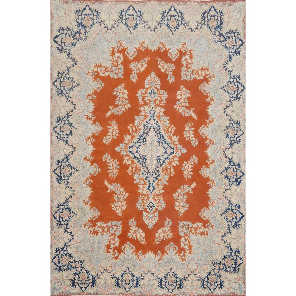 Hand Knotted Oriental 100% Wool Carpet Traditional Floral Oranges & Rust Kerman Area Rug - 13' 4'' X 9' 11''