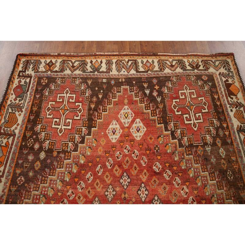 Geometric Shiraz Persian Vintage Area Rug Handmade Orange Wool Carpet - 5'0"x 8'9"