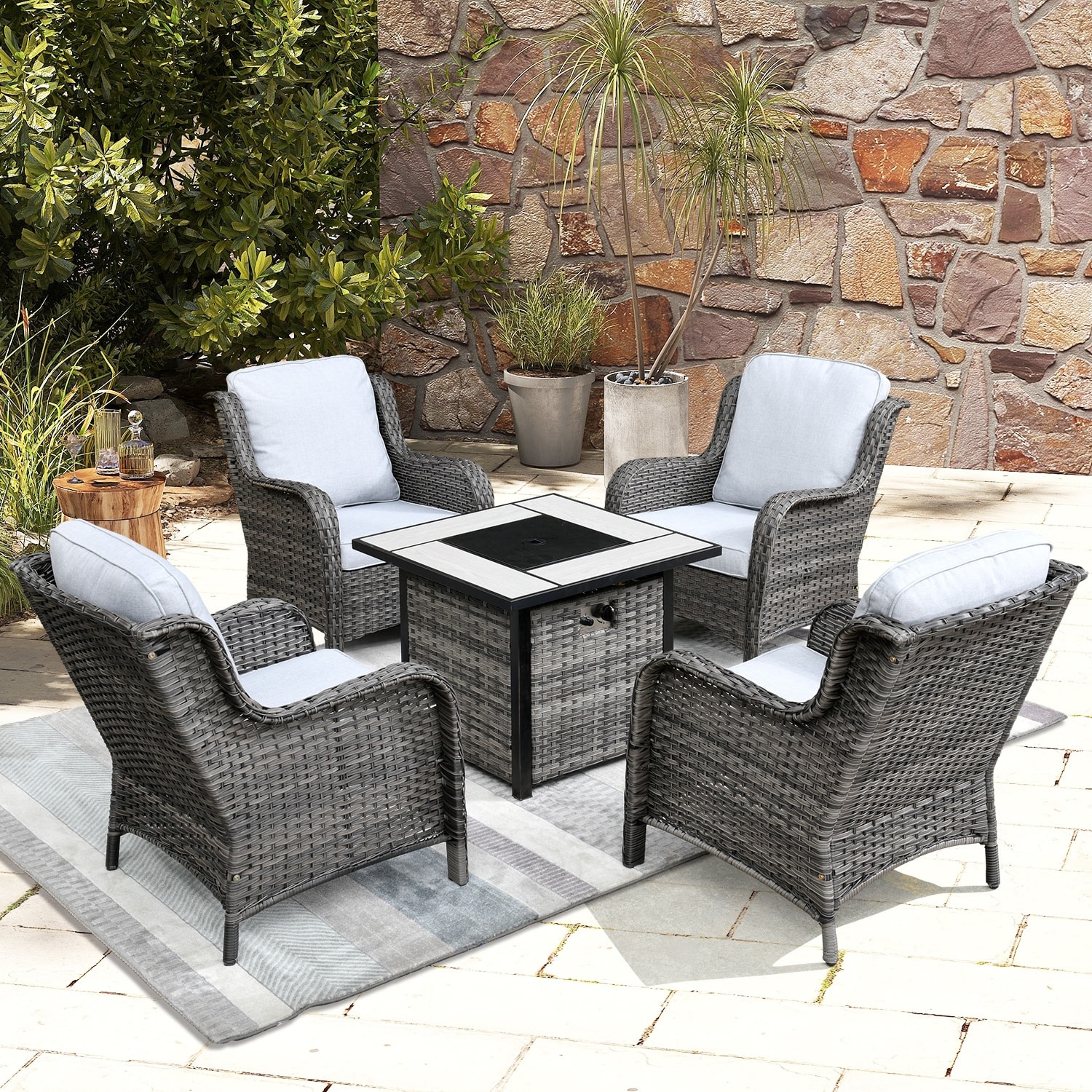 OVIOS Rattan Wicker 5-piece Patio Furniture Set Single Chairs With Fire Pit