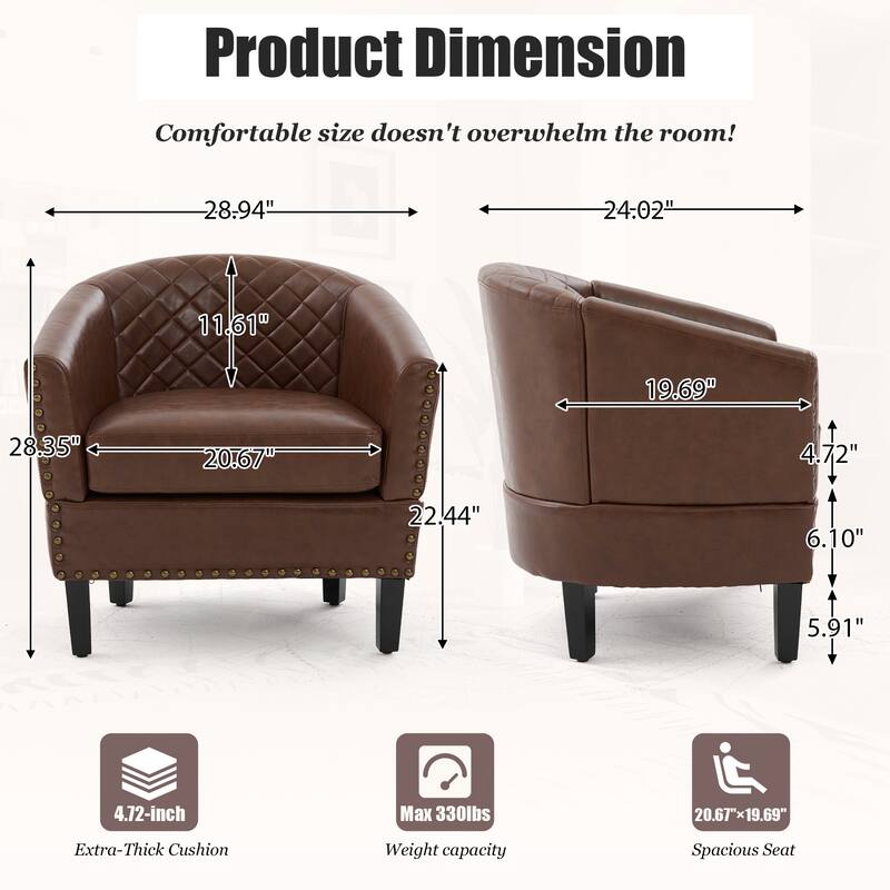 HOMEFUN Leather Upholstered Nailhead Wooden Frame Barrel Club Chair with Solid Woood Legs