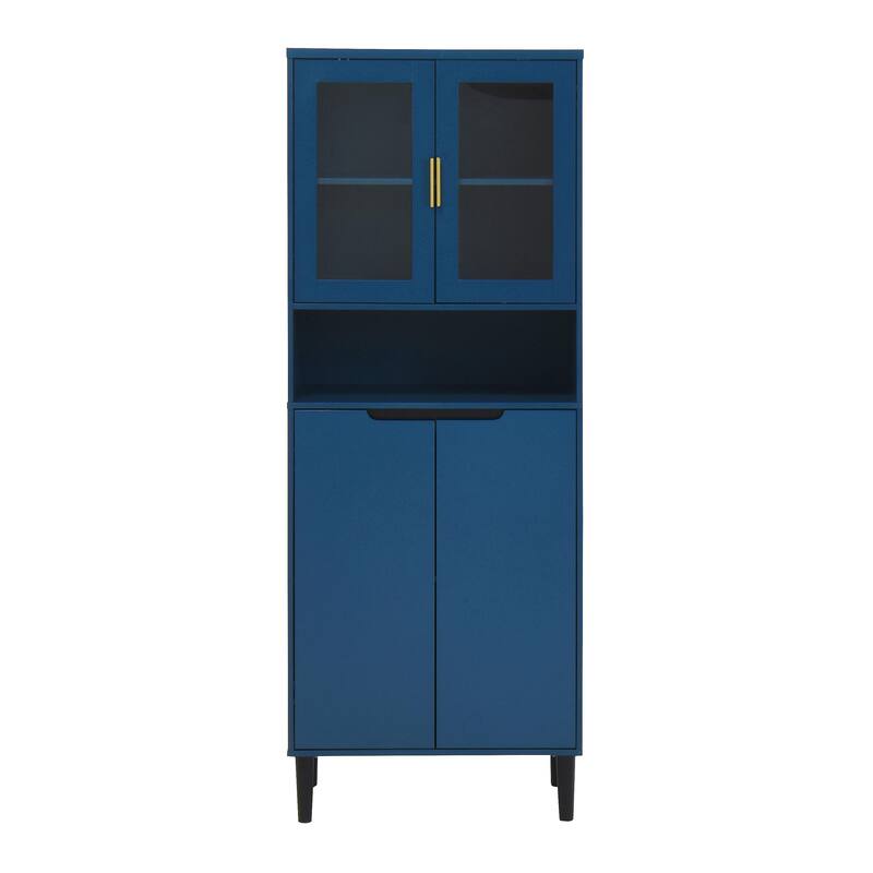 Tall Kitchen Pantry Cabinet with 2 Glass Display Doors & 2 Solid Doors