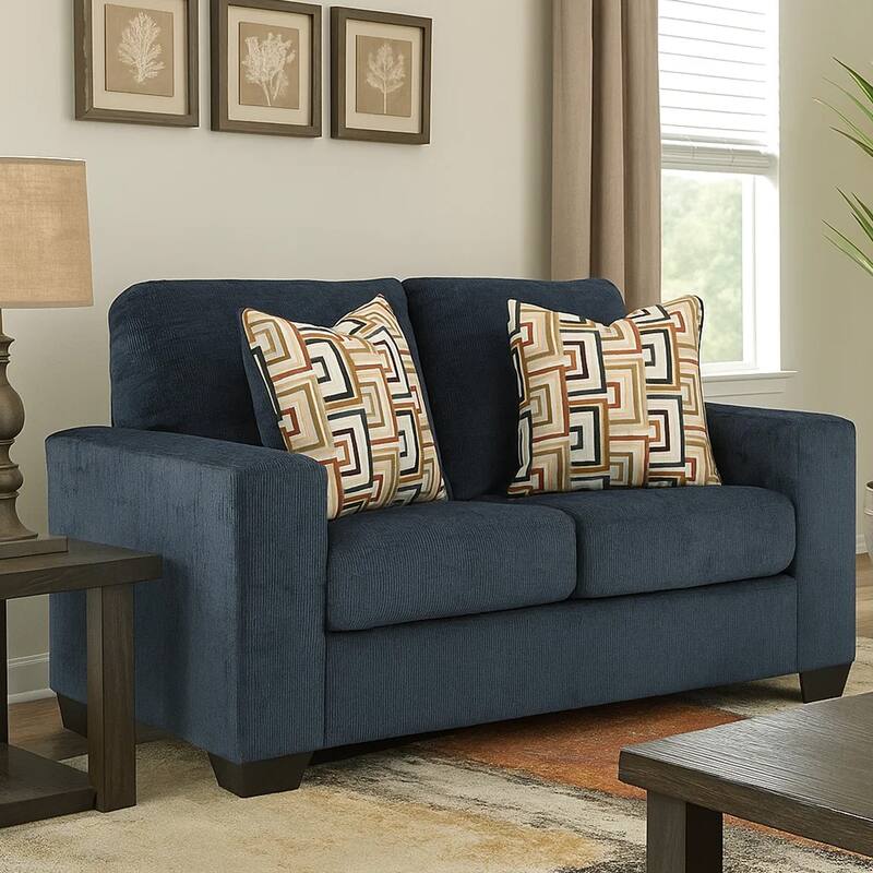 Avie Loveseat, 2 Accent Pillows, Soft Navy Blue Polyester, 62 Inch