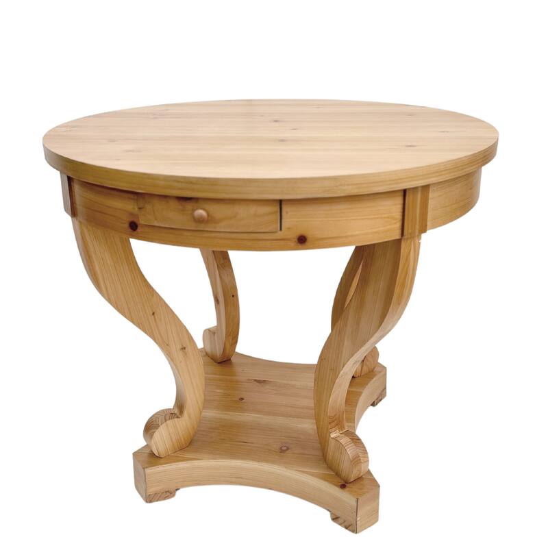 Farmhouse Curved Legs Round Table, Smal End Side, Wood Coffee Table with Small Drawer for Kitchen, Living Room