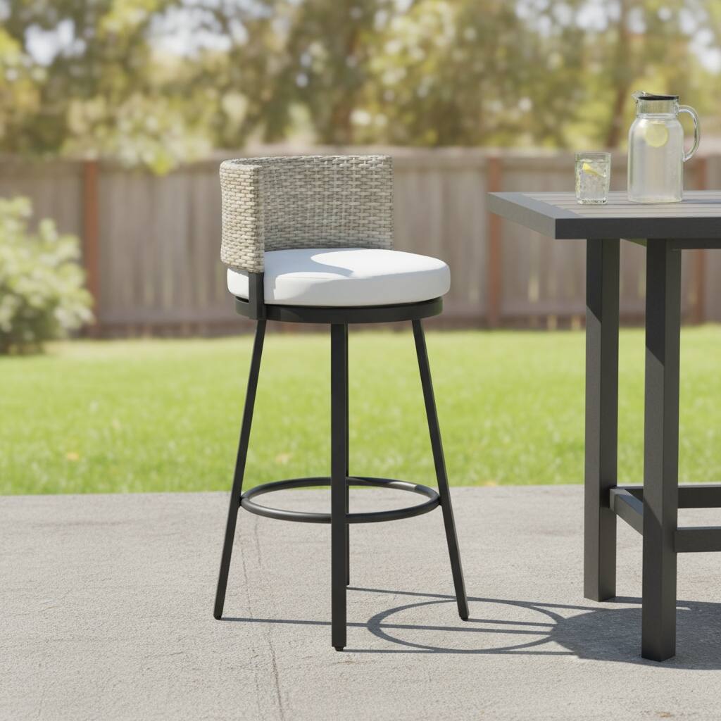 HomeRoots 31" Black Natural and White Aluminum And Faux Rattan Swivel Bar Height Bar Chair