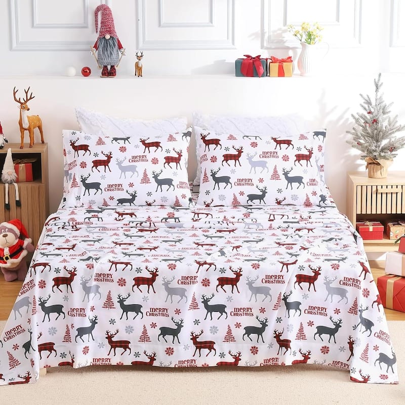 Christmas Red Boho Bed Sheets Set with 16 Inches Deep Pocket - King