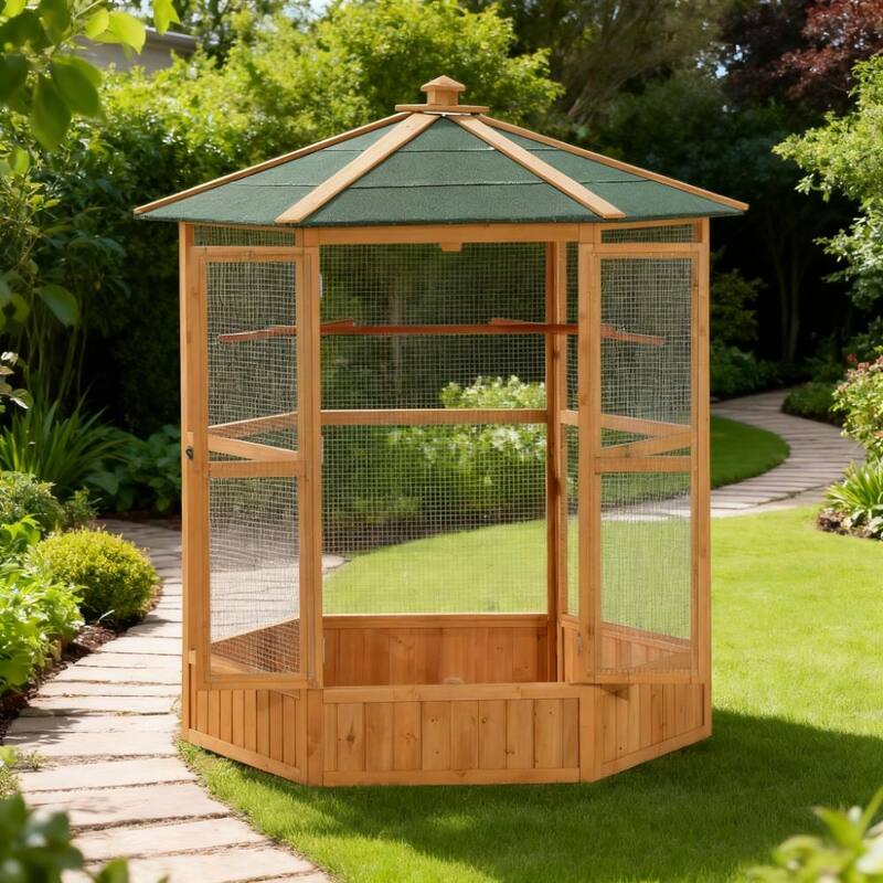 Bird Cage 69" Wooden Hexagonal Outdoor Aviary Flight Bird Cage