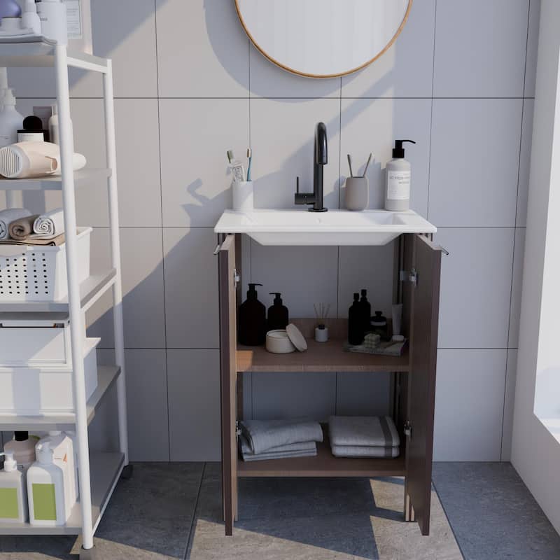 GDFStudio - Julian 24-Inch Freestanding Bathroom Vanity with Ceramic Sink and Foldable Storage Cabinet Design