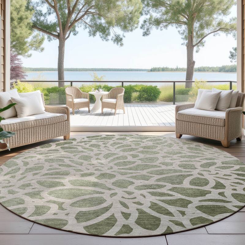 Machine Washable Indoor/ Outdoor Floral Craze Chantille Rug - Celery - 8' x 8'