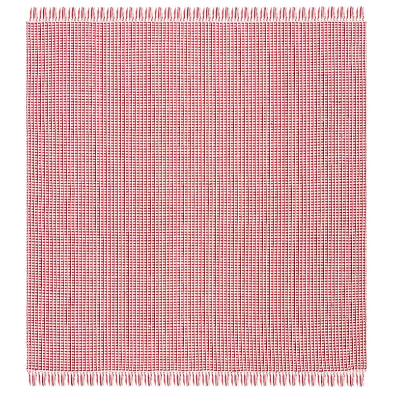 SAFAVIEH, Handmade Montauk Cliff Stripe Flatweave Cotton Fringe Rug - 6' Square - Ivory/Red